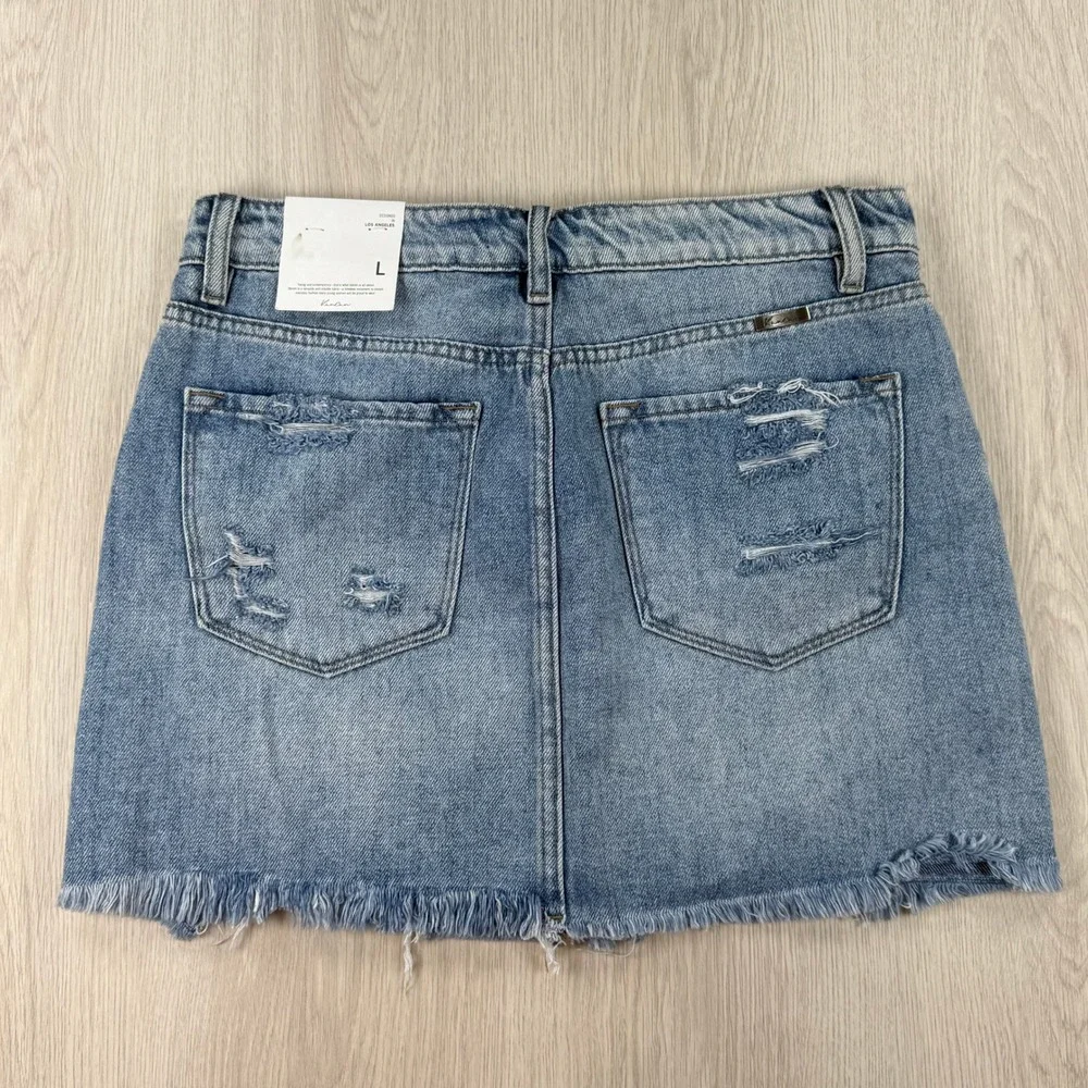 Denim Mini Skirt KanCan Womens Large Blue Distressed Frayed Hem KC6370M